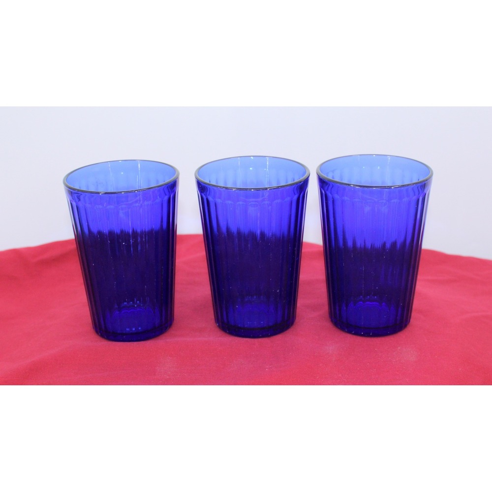 IKEA Skurar Cobalt Blue Ribbed Glass Tumblers Set Fluted Juice Water Glasses
